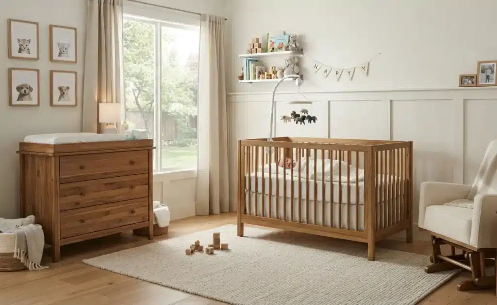 Safe nursery furniture in a modern baby room
