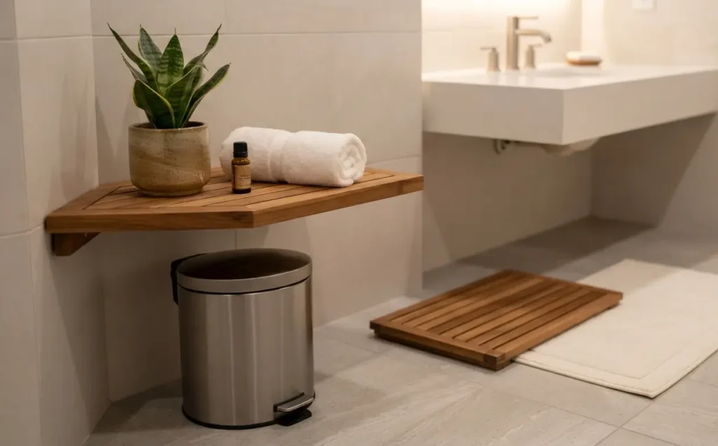 Luxury hotel-style bathroom featuring a snake plant on a teak wood corner shelf, a matte stainless steel pedal bin, and a teak slatted bath mat for a high-end DIY bathroom remodel.