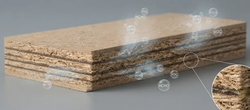 Composite wood used in nursery furniture safety guide showing formaldehyde emissions
