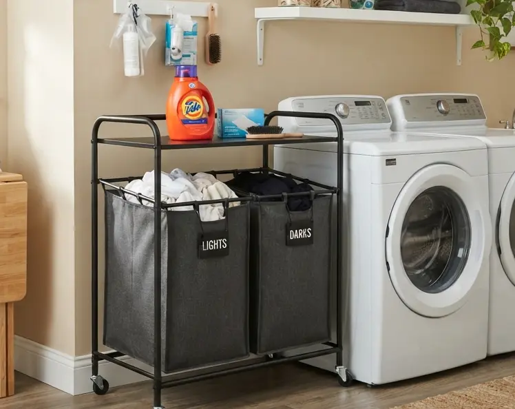 Two-bin rolling laundry sorter labeled 'LIGHTS' and 'DARKS' in an organized laundry room