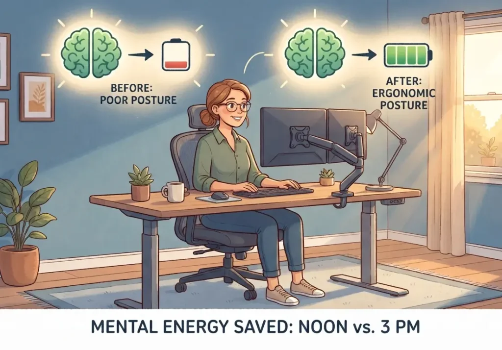 Infographic illustrating the mental energy benefits of ergonomic posture, comparing 'Poor Posture' (drained brain, empty battery) to 'Ergonomic Posture' (full brain, full battery) as text reads 'MENTAL ENERGY SAVED: NOON vs. 3 PM