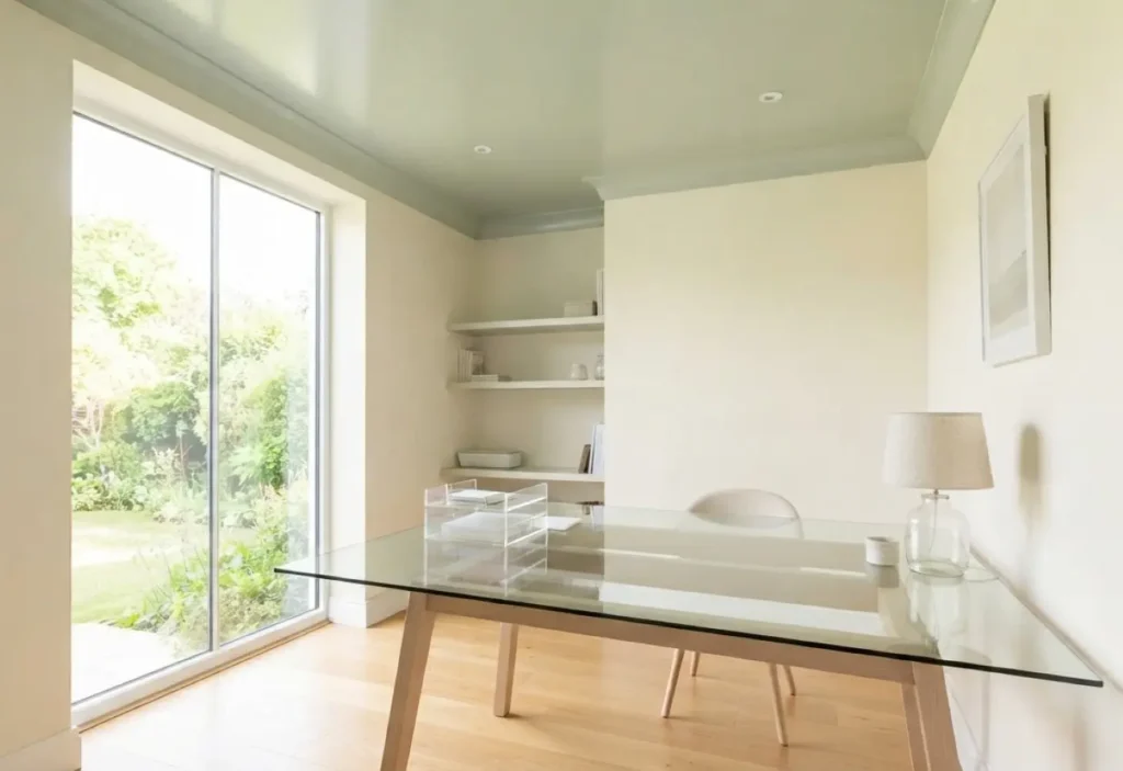 An interior photograph of a sunlit home office. A glass desk with wood legs sits before a large sliding glass door revealing a lush garden. The walls are off-white, and the ceiling is a glossy light sage green. On the desk are a clear organizer, cup, and linen lamp. Built-in shelves and art complete the minimalist space.