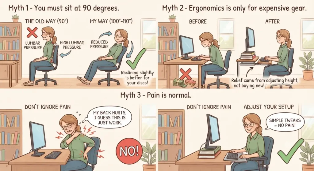 An infographic showing three myths about desk setups. One panel compares sitting at 90° versus 100°–110° for comfort. Another shows that simple adjustments, not expensive gear, fix posture. The last panel highlights that pain shouldn't be ignored and can be resolved with simple tweaks.
