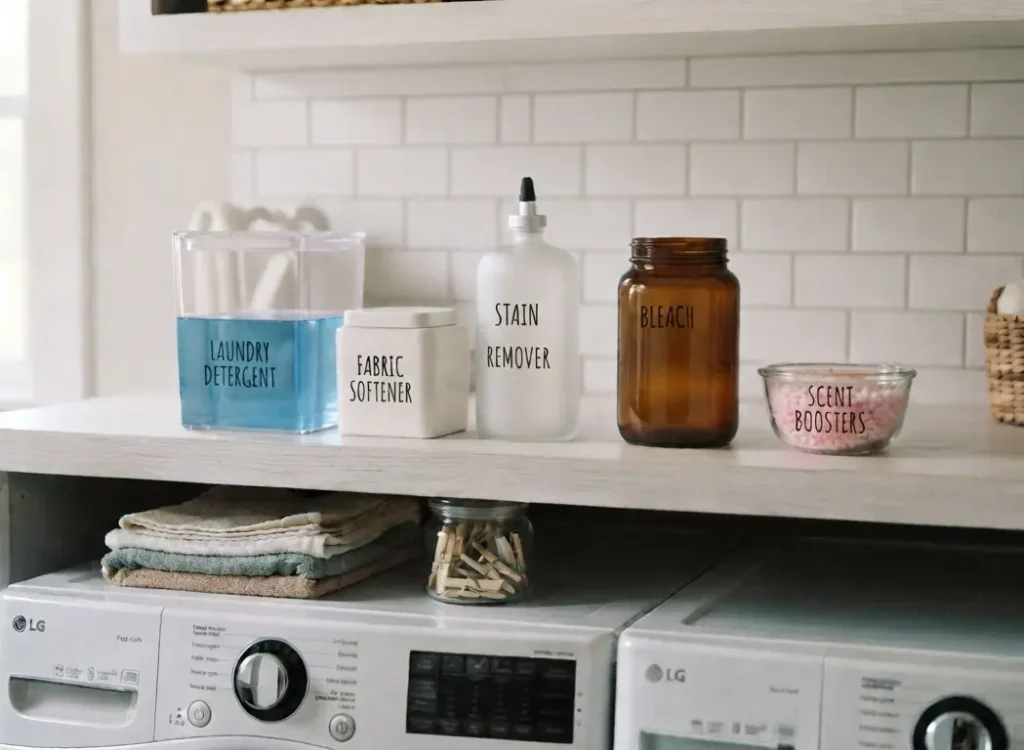 An organized laundry room shelf featuring a clear dispenser of blue detergent, a white container of fabric softener, a frosted bottle of stain remover, an amber jar of bleach, and a bowl of pink scent boosters, each clearly separated for intuitive use.