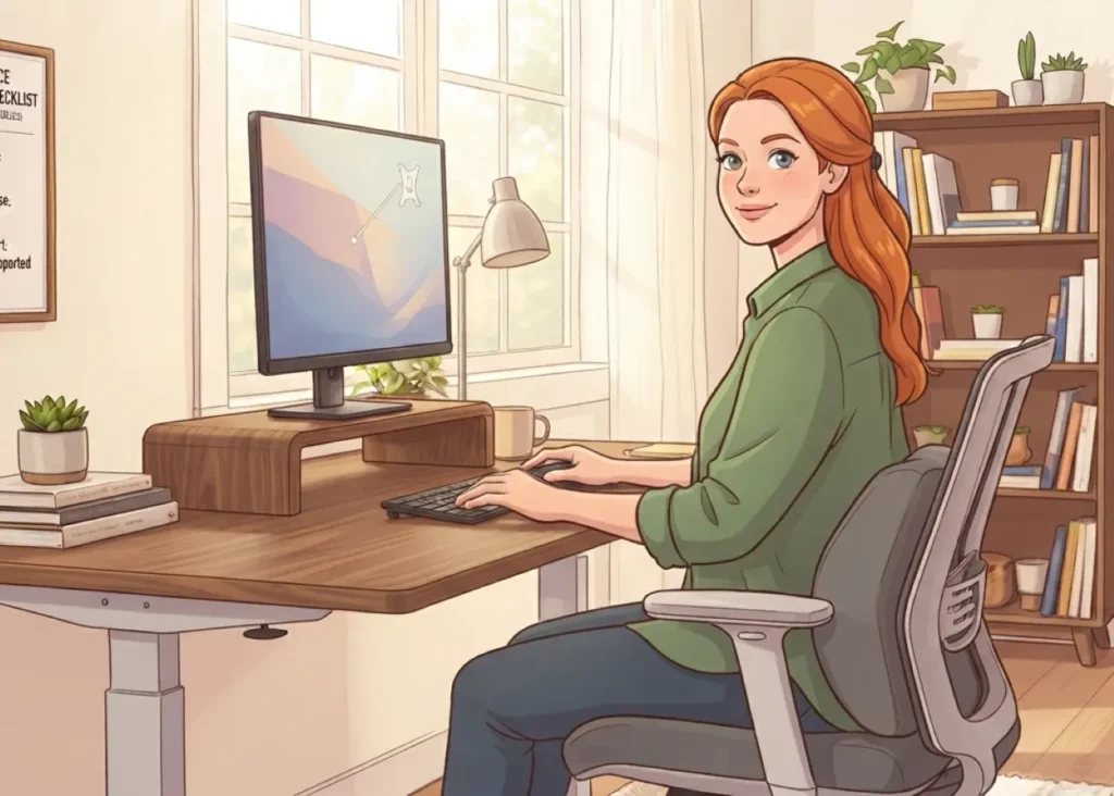Illustrated scene of a woman with red hair working at an ergonomic wooden desk. She sits in a supportive chair with lumbar support, facing a monitor on a stand. A checklist on the wall details ergonomic principles. The room is bright with a window and bookshelf.