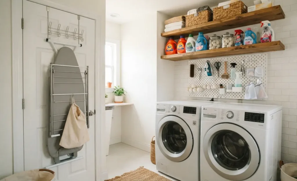 Sturdy white shelving installed above the washer and dryer to maximize vertical storage in a small laundry room.