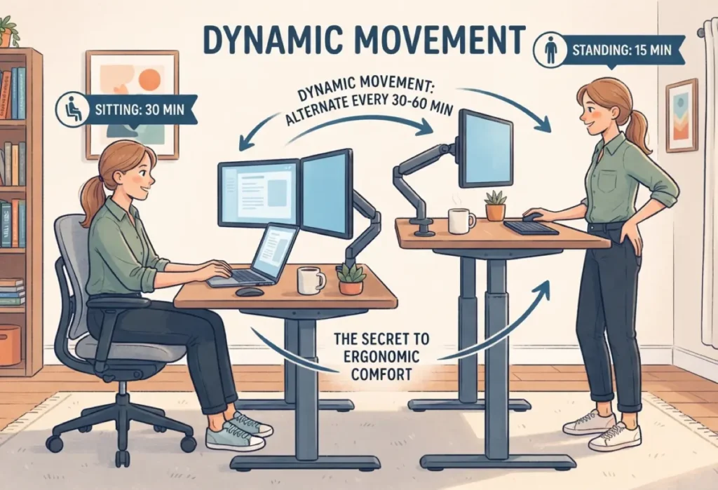 Illustration of a woman at a home desk. She sits for 30 minutes, then stands for 15. Arrows and text show this back-and-forth is "The Secret to Ergonomic Comfort.