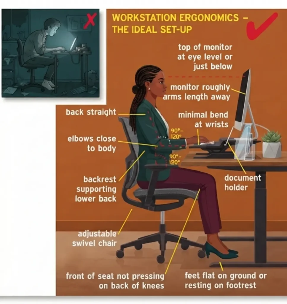 Ergonomic desk setup diagram showing ideal posture and workstation alignment