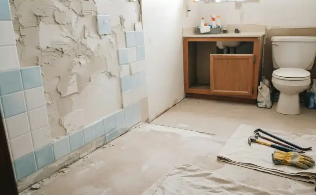 Bathroom tile renovation preparation scene with construction tools and partially stripped wall tiles
