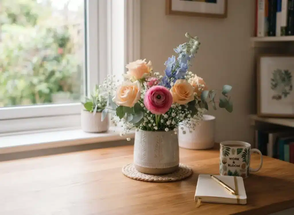 Natural light-filled home office workspace with flowers, plants, and books, promoting a healthy circadian rhythm through biophilic design