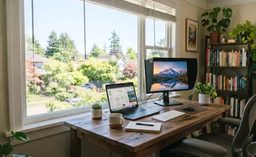 A bright home office design implementing core principles of biophilic design, featuring a wooden desk facing a large window with lush green trees. The natural light helps regulate the circadian rhythm, while indoor plants create a productive workspace, similar to the setup