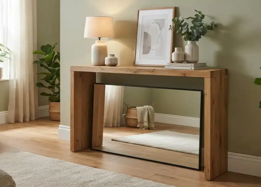 A wooden console table holds lamps and decor against a sage green wall. A floor mirror is placed underneath, reflecting the opposite corner of the room and adding depth. This strategic placement utilizes light reflection to create the illusion of more space, perfect for expanding small spaces.