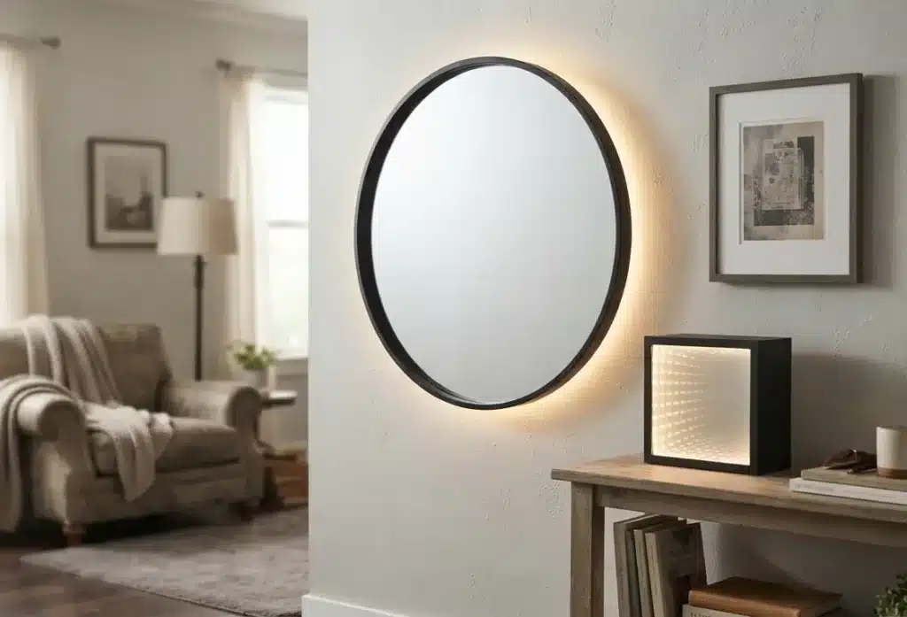 A warm, inviting living room corner features a large, circular backlit mirror on a textured wall. To the right, a rustic wooden console table holds a captivating infinity mirror cube, books, and a mug. In the background, a plush armchair with a throw blanket creates a cozy reading nook, illuminated by soft natural light from a window.