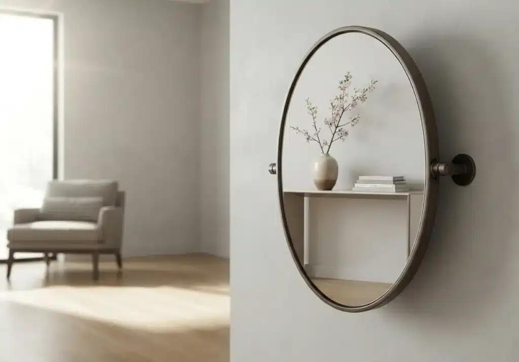A close-up photograph shows an oval-shaped wall mirror with a dark bronze frame, mounted on a light grey textured wall. The mirror is subtly tilted, and its reflection captures a curated scene on a console table: a vase with cherry blossom branches and stacked books. In the blurred background, a sunlit living room with a comfortable armchair and window is visible, demonstrating the mirror's strategic placement for style and light.