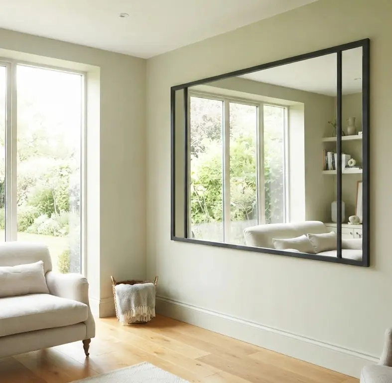 This is a cozy and naturally styled living room. On the sage green wall, a large mirror reflects the window view and the room itself, making the space feel much bigger. Next to the window sits a comfortable sofa, and a basket with a throw blanket adds a touch of warmth to the corner.