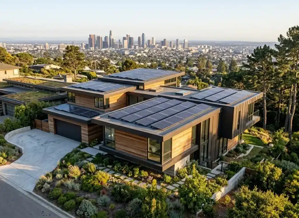 Aerial view of a modern hillside home covered in extensive solar panel arrays
