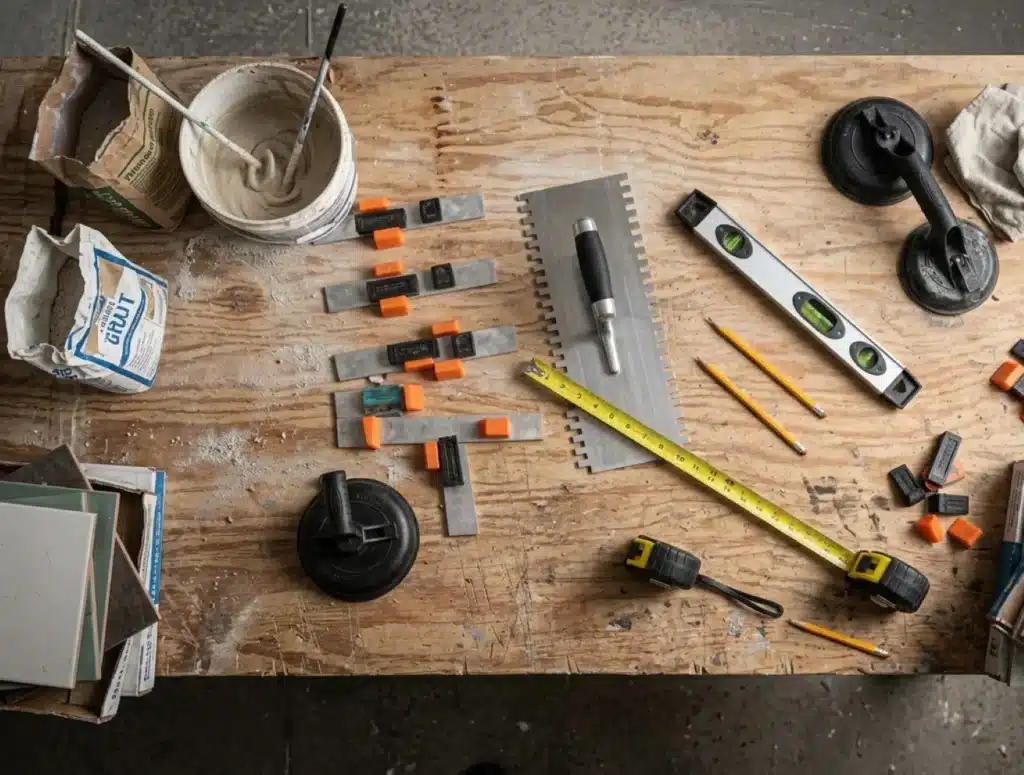 Budget tile tools and materials on a dusty workstation.