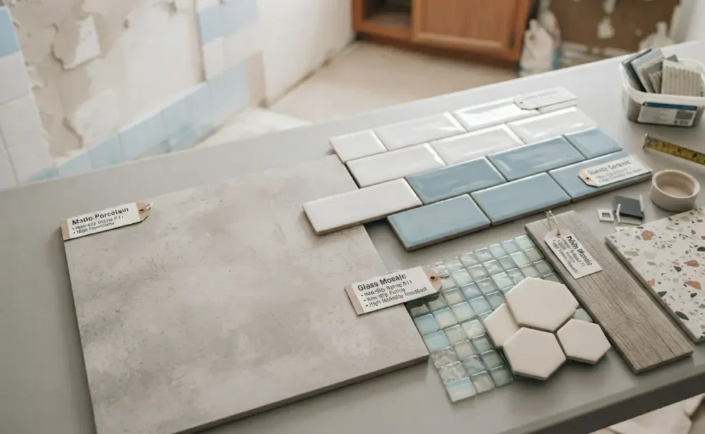 Close-up of diverse tile samples used for a bathroom tile renovation to choose the best moisture-resistant materials