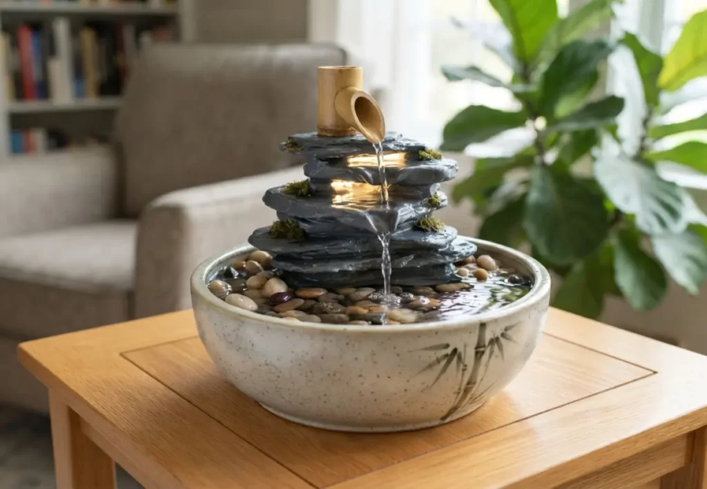 Small, tranquil bamboo and slate rock water feature on a wooden desk, demonstrating the calming effect of biophilic design
