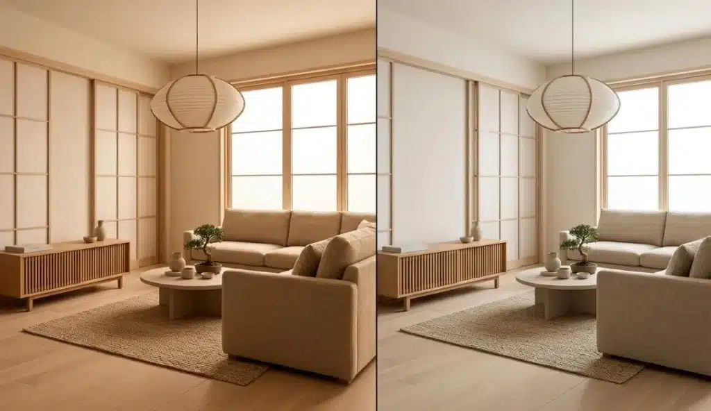 Visual effect of 2700K vs 3000K color temperatures on natural materials and textures in a Japandi living room.
