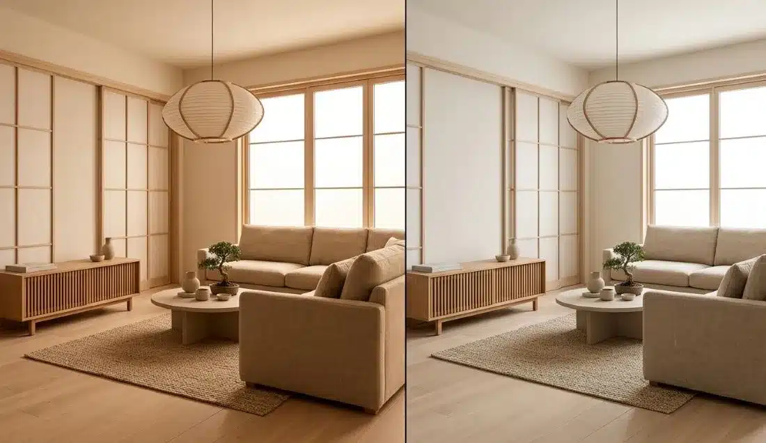 Visual effect of 2700K vs 3000K color temperatures on natural materials and textures in a Japandi living room.